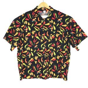 Vintage Toucan Dance Pepper Print Button Up Shirt Mens XL Black Short Sleeve